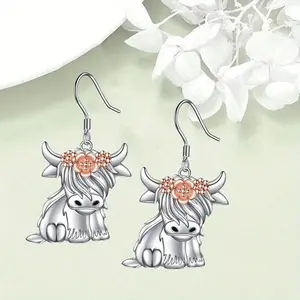 1 pair of vintage highland cow earrings, Scottish cow floral curly hair pendant, durable iron alloy earrings, birthday and festival gifts for women