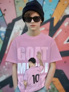 Children Youth Messi Goat Theme T-Shirt Size 10 Miami International Printed Short Sleeve, Casual Fitted Short Clothing, Graphic Print Shirt