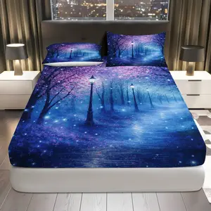 3Pcs Dreamy Starry Night Romance Fitted Sheet Three Piece Set (1*Fitted Sheet+2*Pillowcases, Coreless), Romantic theme, Fantasy Twilight Bedding Set, Mattress protector Soft, Breathable