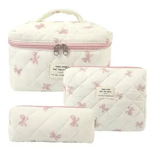 Cute Quilted Makeup Bag Set with Bow Print, Soft Cotton Cosmetic Organizer, Large & Small Portable Toiletry Pouches, Aesthetic Travel & Daily Use Storage Bags for Beauty & Skincare Products