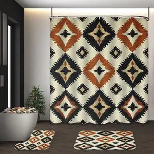 LVRLVR 4Pcs Aztec Tribal Geometric Print Boho Southwest Multi-Color Shower Curtain Set 70.8×70.8 Inch