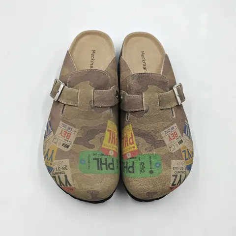 Meckmanly Men's Camouflage Low PU Leather Mules Clogs - Adjustable Buckle, Cork Footbed, Rubber Sole, Closed Toe, Slip-On, All-Season Casual Streetwear Walking Footwear