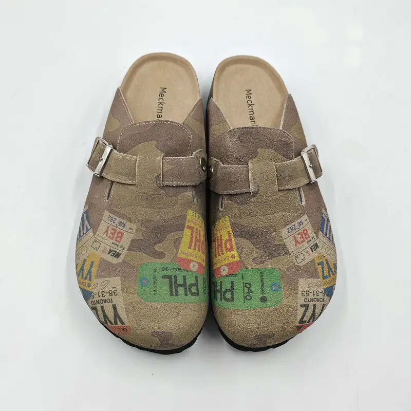 Meckmanly Men's Camouflage Low PU Leather Mules Clogs - Adjustable Buckle, Cork Footbed, Rubber Sole, Closed Toe, Slip-On, All-Season Casual Streetwear Walking Footwear