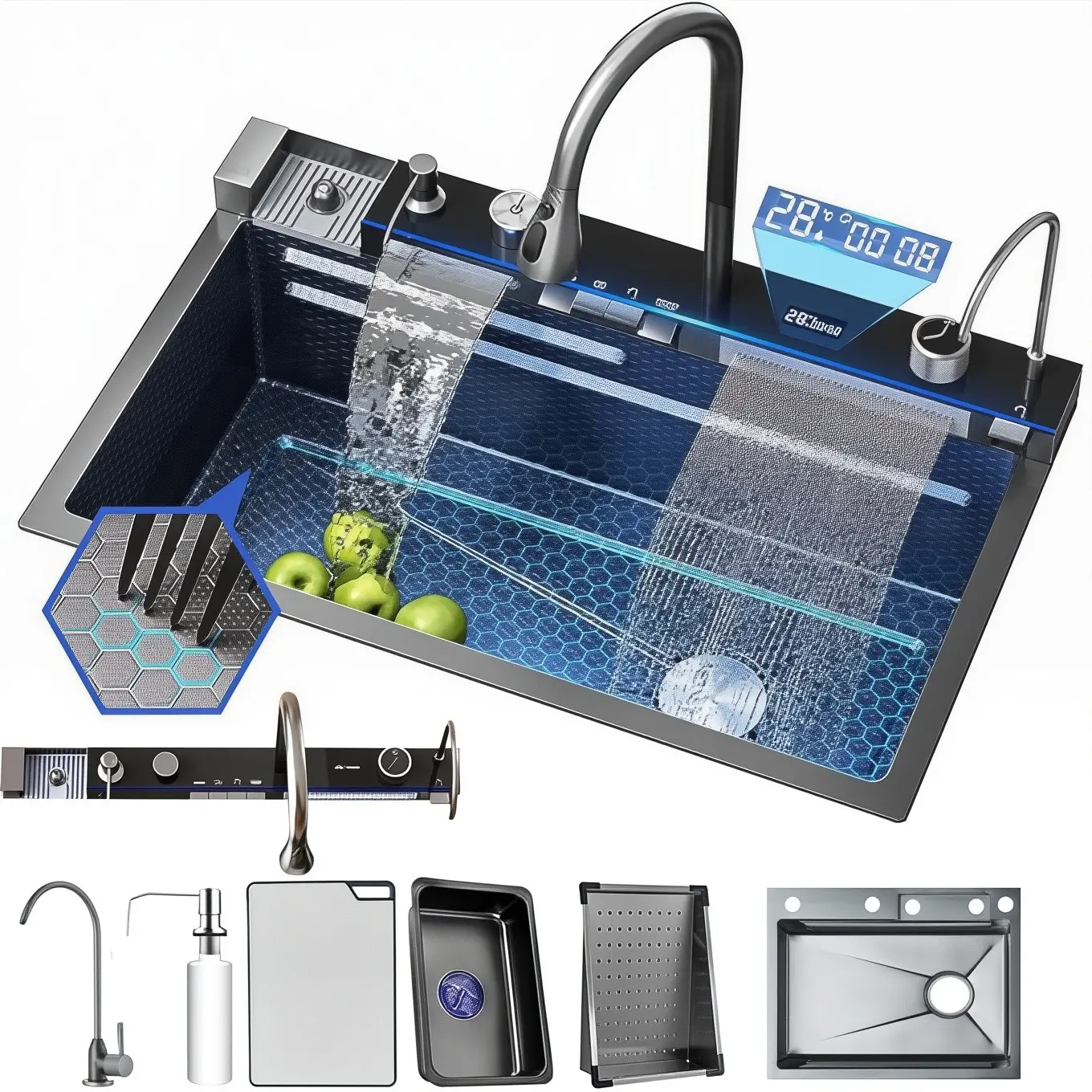 Single-Bowl Flying Rain Waterfall Kitchen Sink Featuring an LED Display, Cup Washer, Soap Dispenser, Waterfall Mixer Faucet, And Countertop Controller; Workstation-Style Kitchen Sink (Gun Gray/Brushed Gold, Dimensions: 29.5 X 18 inch/31.5 X 18 inch)