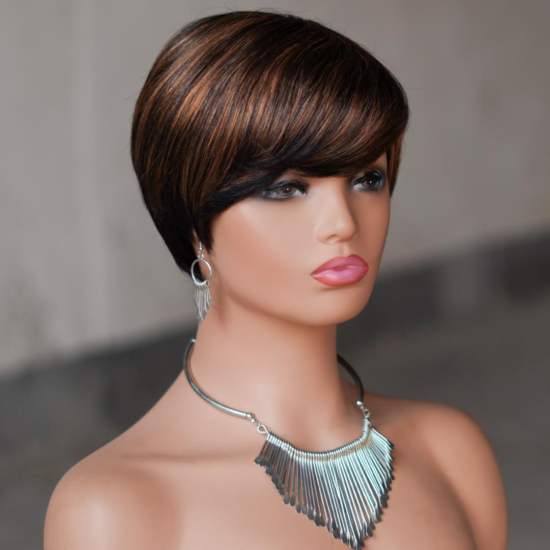 "Glueless Short Pixie Cut Wig With Bangs 180% Density Brazilian Virgin Human Hair P1B/27 Ombre Black Blonde 6 Inch Layered Full Machine Made Natural Look With Wig Caps For Women Daily & Party Wear "	