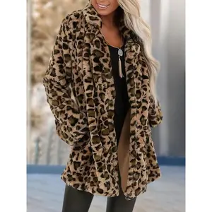 Women’s leopard print fleece jacket with pockets and a lapel design, thermal lined, open front, long sleeves—fashionable casual outerwear for fall and winter; jackets for women; ladies’ clothing for daily wear
