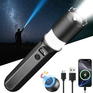 Strong Flashlight, 2000LM, Rechargeable, Zoomable, LED Digital Display, Magnetic and Output Port, 7 Lighting Modes, Essential for Camping, Hiking & Emergency
