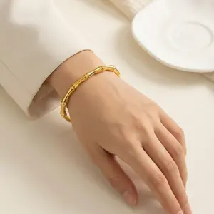 Minimalist Bamboo Bangle for Women Hinged Titanium Steel Wrist Bracelet with Plain Clasp - Ideal Mother's Day Gift and Daily Wear