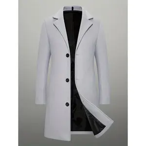 Men’s mid-length tweed coat — solid color winter overcoat with single-breasted button closure, notched lapel collar, polyester lining, regular fit casual trench coat for cold weather, textured exterior, winter coat