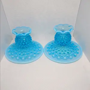 Fenton HOBNAIL BLUE  OPALESCENT 3" FLAT CANDLESTICKS  * PAIR *