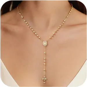 14K Gold Virgin Mary Necklace - Rosary Bead & Crucifix Catholic Gift, Hypoallergenic Non-Tarnish Y-Chain for Women