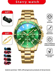 Men's Luxury Gold Three-Eye Calendar Watch, Quartz Wristwatch, Mature Gentleman Style, Two-Piece Set, High-End Feel