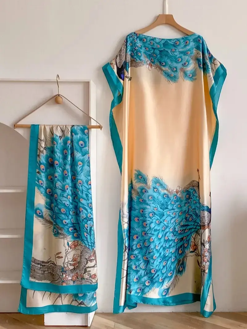 Women's Fashion Print Long Robe Set, Matching Moomoo Dress & Scarf Headband, Lightweight All-Season Beachwear, Sun Protective Cover Up