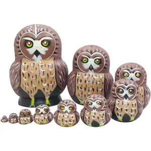 Winterworm Cute Vivid Big Belly Shape Red Round Eyes Brown Owl Handmade Wooden Russian Nesting Dolls Matryoshka Dolls Set 10 Pieces for Kids Toy Birthday Home Decoration