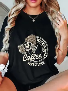 100% Cotton Wrestling Lover Wrestler Funny Weekends Coffee & Wrestling T-Shirt