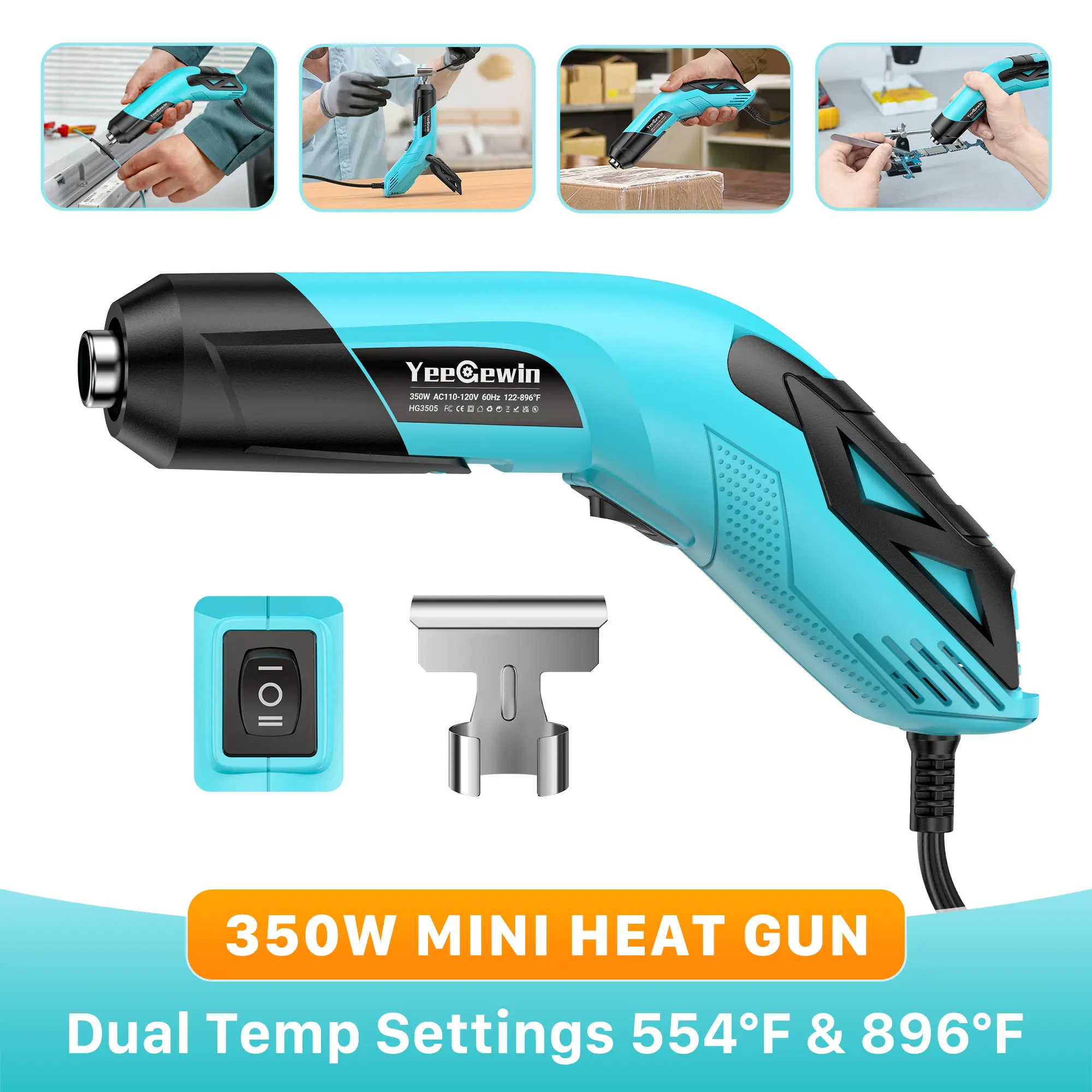 Portable 350W Mini Heat Gun Power Tool with Dual Temp Settings (554℉-896℉/290℃-480℃), Overheat Protection, Reflector Nozzle, 4.9Ft Long Cable for 3D Printing, Crafts, Shrink Tubing, Handicrafts