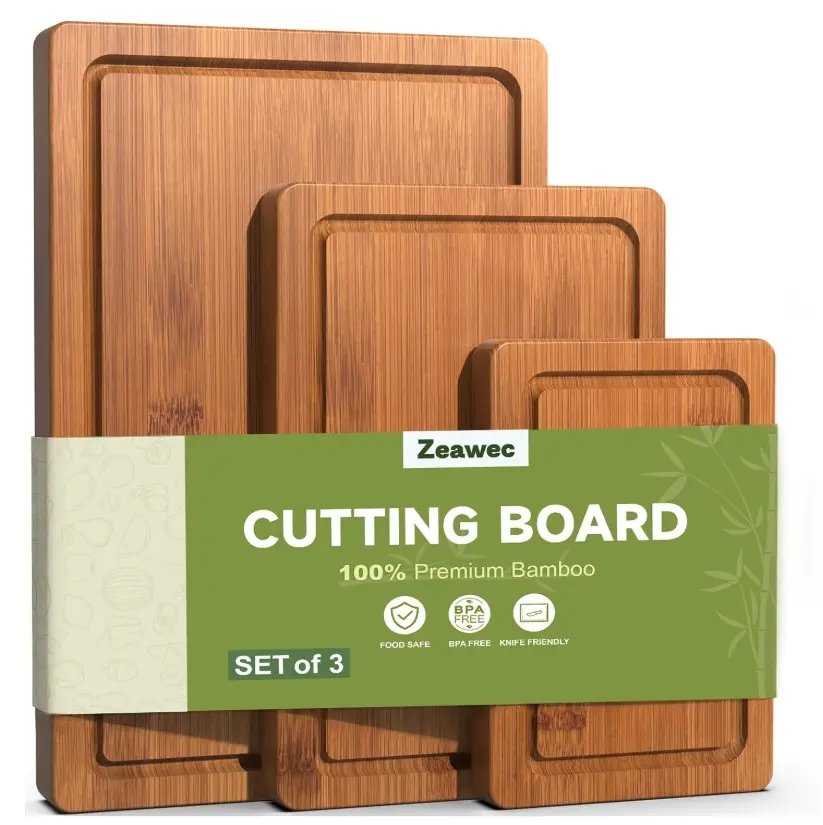 3-Piece Set Bamboo Cutting Board for Kitchen - Crack-Resistant Wood Chopping Boards with Deep Juice Grooves, Pre-Oiled Butcher Block for Meat, Vegetables & Cheese, Carbonized