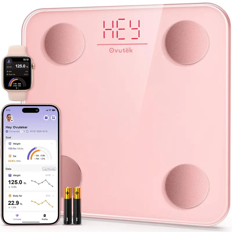 Ovutek Pink-A Smart Scale - Health Weighing Scale, Rectangular Bathroom Gadget, Digital Body Weight Monitor with BMI Tracking, Bluetooth Functionality, App Sync, Battery-Powered, Compact for Small Spaces, 400lb Capacity, Holistic View of Health Metrics
