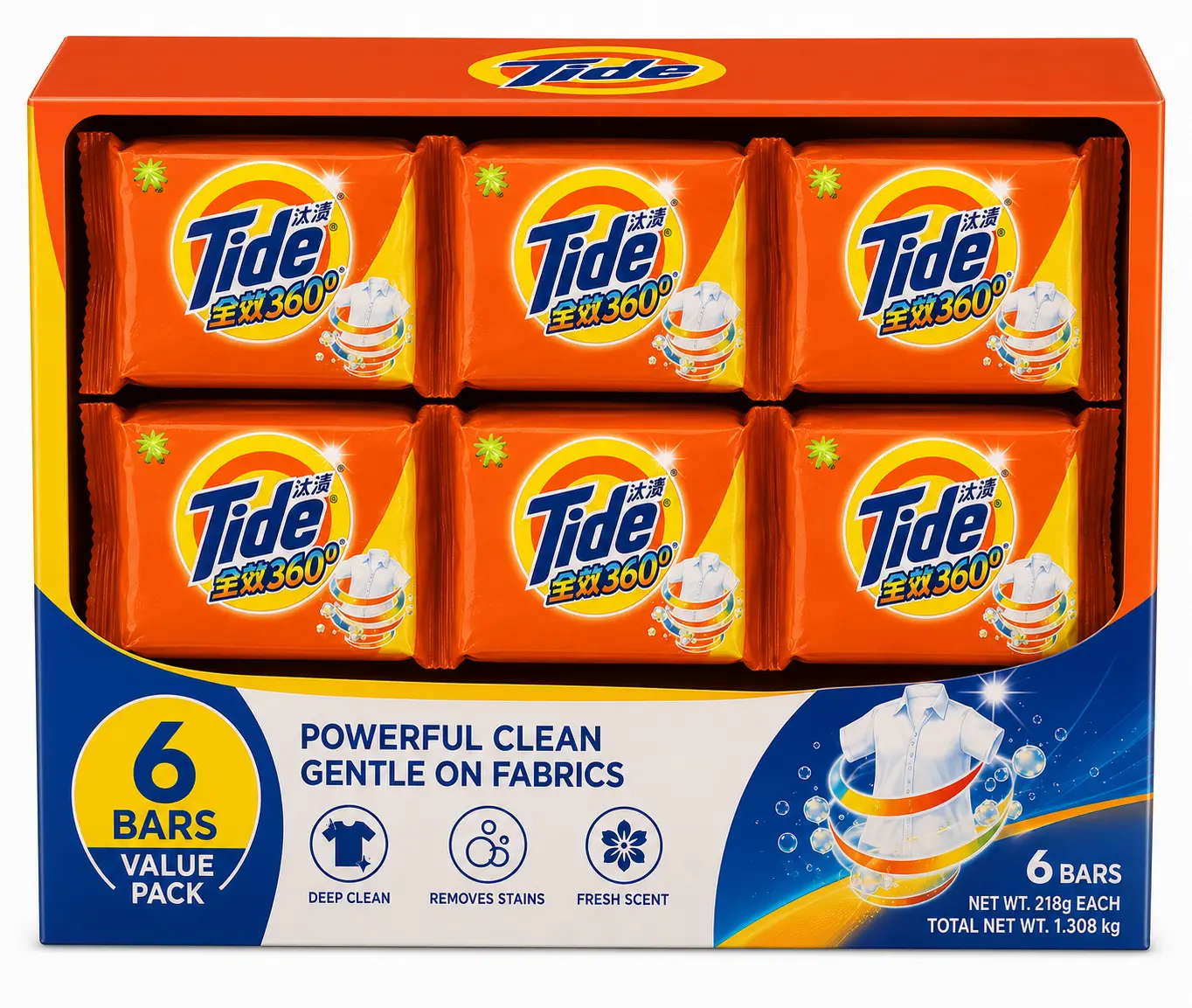 Tide 360° Laundry Bar Soap, 6 Pack (6 × 218 g), Powerful Fabric Cleaning Bar, Fresh Scent, Removes Tough Stains