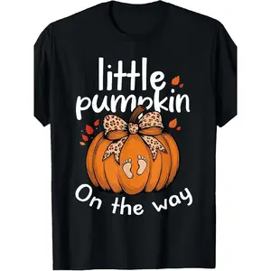 Plus Size - Women'S Plus-Size 0XL-5XL Thanksgiving Pregnancy Announcement T-Shirt - Little Pumpkin on the Way Footprints & Pumpkin Design, Pure Round Neck Short Sleeve Casual Maternity Top for Fall & Thanksgiving Outfits, Gender Reveal Gift