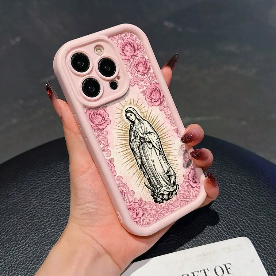 Pink Rose Vintage Virgin Mary Pattern   compatible with iphone 17 air 16 pro max 15 14 PLUS 13 12 11,with Samsung Galaxy S22 fe s24 Plus s23 ultra soft  shockproof  accessory,fashion cutephonecase junk 11-16 furry phone case luxury design cover 2025 for