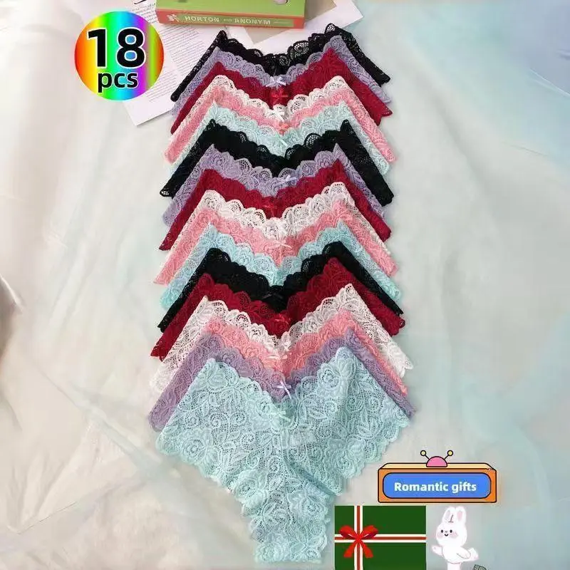 6/18 - piece set of sexy lace panties with bowknots. Breathable, comfortable, stretchy, solid - colored with contrasting lace. Ideal for parties, camping, dinners—perfect gift. Womenswear Basic Minimalist