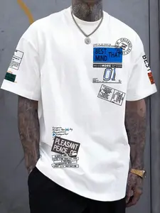 Men's Oversized Graphic T-Shirt, Vintage Racing Style Short Sleeve, Hip Hop Streetwear Menswear Tee with New Orleans Letter Print, Urban High Street Loose Fit Top for Casual Daily Wear & Clubbing Outfit