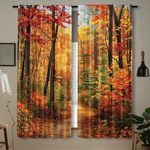 2-Piece set, autumn forest landscape print curtains - bright autumn colors, translucent rod pocket design - perfect for bedroom, office, kitchen, living room study home decoration, room decoration, Window Curtain