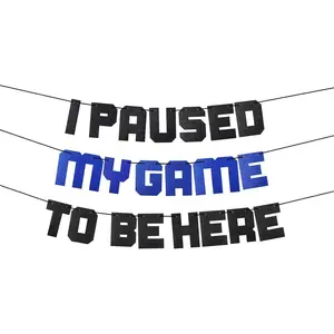 Video  Party Supplies I Paused My  To Be Here Banner, Blue Gaming Birthday Party Decorations, Glitter Theme Backdrop Sign Decor
