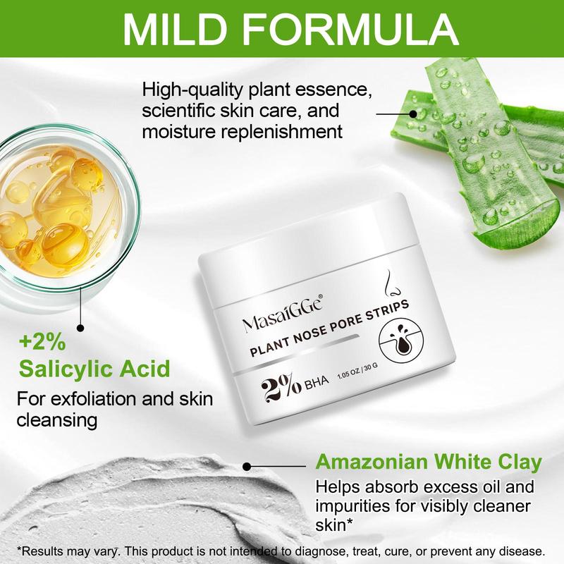 Masaigge Plant Nose Pore Strips 60pcs & Nose Cleansing Mud Mask 30g, Contains 2% Salicylic Acid, Deep Cleaning, Brighten Skin