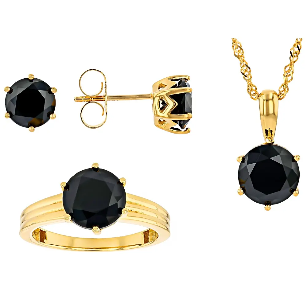 JTV Black Spinel 18k Yellow Gold Over Sterling Silver Ring, Earrings, And Pendant With Chain Set
