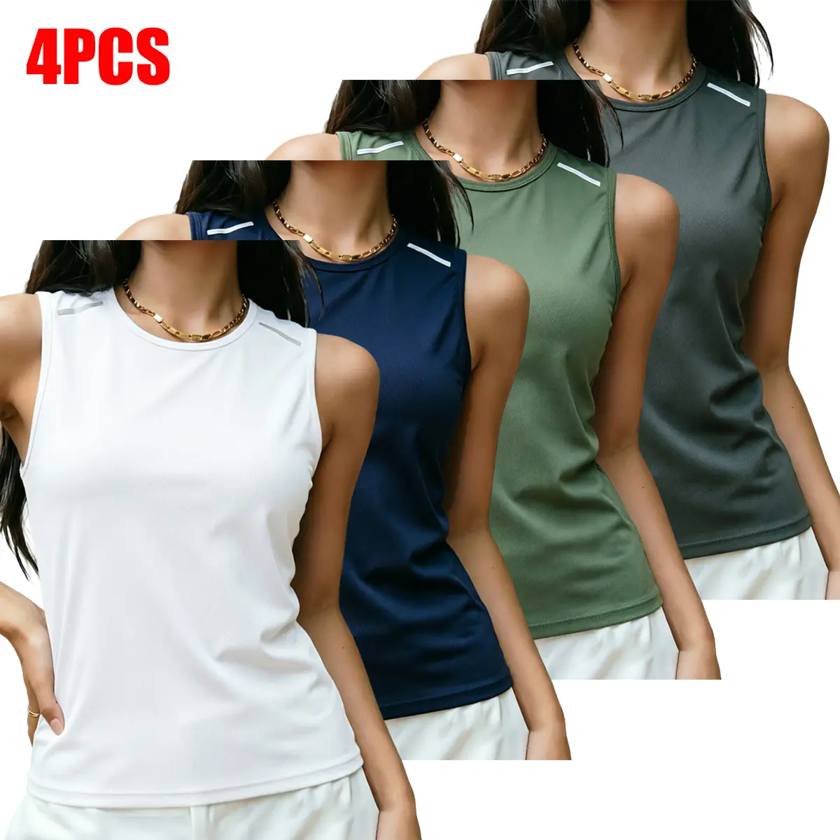4-pack smooth, stretchy polyester women’s running tank tops—efficient acceleration for sweat evaporation, minimalist solid color design, reflective shoulder straps, odorless and easy to clean, sleeveless style, suitable for morning runs and urban street f