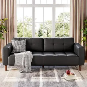 83" Wide Faux Leather 3-Seater Sofa, Mid-Century Modern Couch with Spring Cushion, Deep Seat, 2 Removable Back Pillows & Wide Arms, Oversized Upholstered Sofa for Living Room, Office
