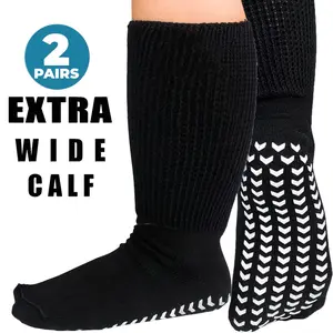 Extra Width Socks for Swollen Feet-2 Pairs Hospital Grip Socks,Bariatric Socks,Diabetic Socks for Women Men Fabric Fit ultra comfy breathable solid crew sock Black Thick Womenswear Simple Stretchy Comfort Basic Minimalist