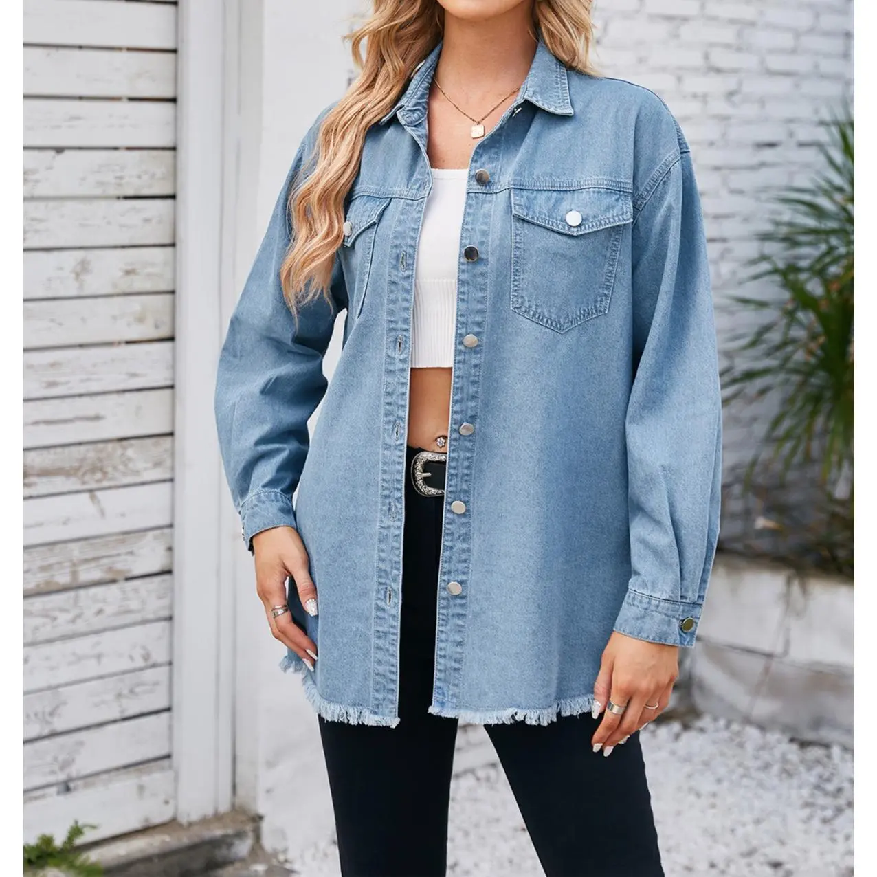 Women's Basic Collared Long-Sleeve Lightweight Oversized Denim Jacket - Raw Frayed Hem, Button-Down, Denim Fabric Tunic Top for 2025 Fall Casual Outfits, Clothes, Layers Under Winter Coats