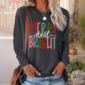 Women's Christmas Letter Print Drop Shoulder T-shirt, Casual Long Sleeve Round Neck Tee for Fall & Winter, Ladies Clothes for Daily Wear