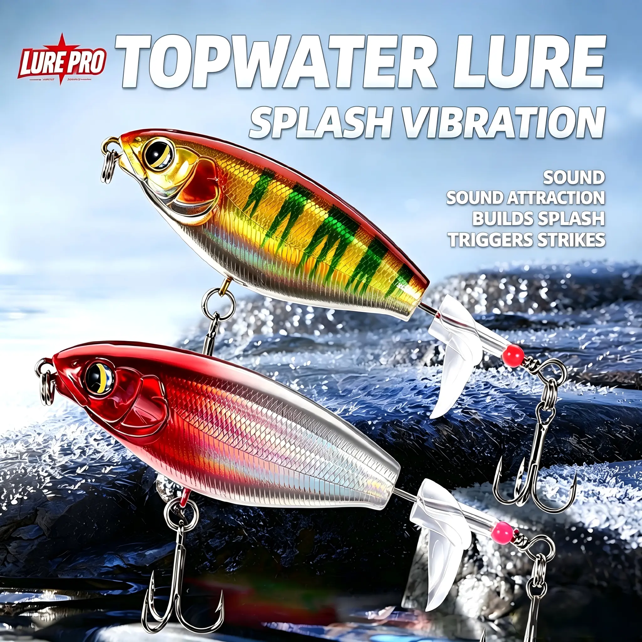 Topwater Propeller Fishing Lure - Floating Hard Bait with Rotating Tail and Splash Noise Crankbait for Bass, Pike in Freshwater, Saltwater