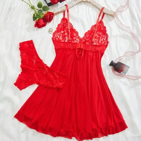 Women's 2-Piece Woven Spandex Fabric Women's Clothes Lounge Set - Sleeveless Deep V Neck Lace Wrap Cami Nightdress, Backless Adjustable Straps, Thong, Fitted Flattering Plus Size Nightwear with Hook and Loop Closure, Soft Comfortable Underwear