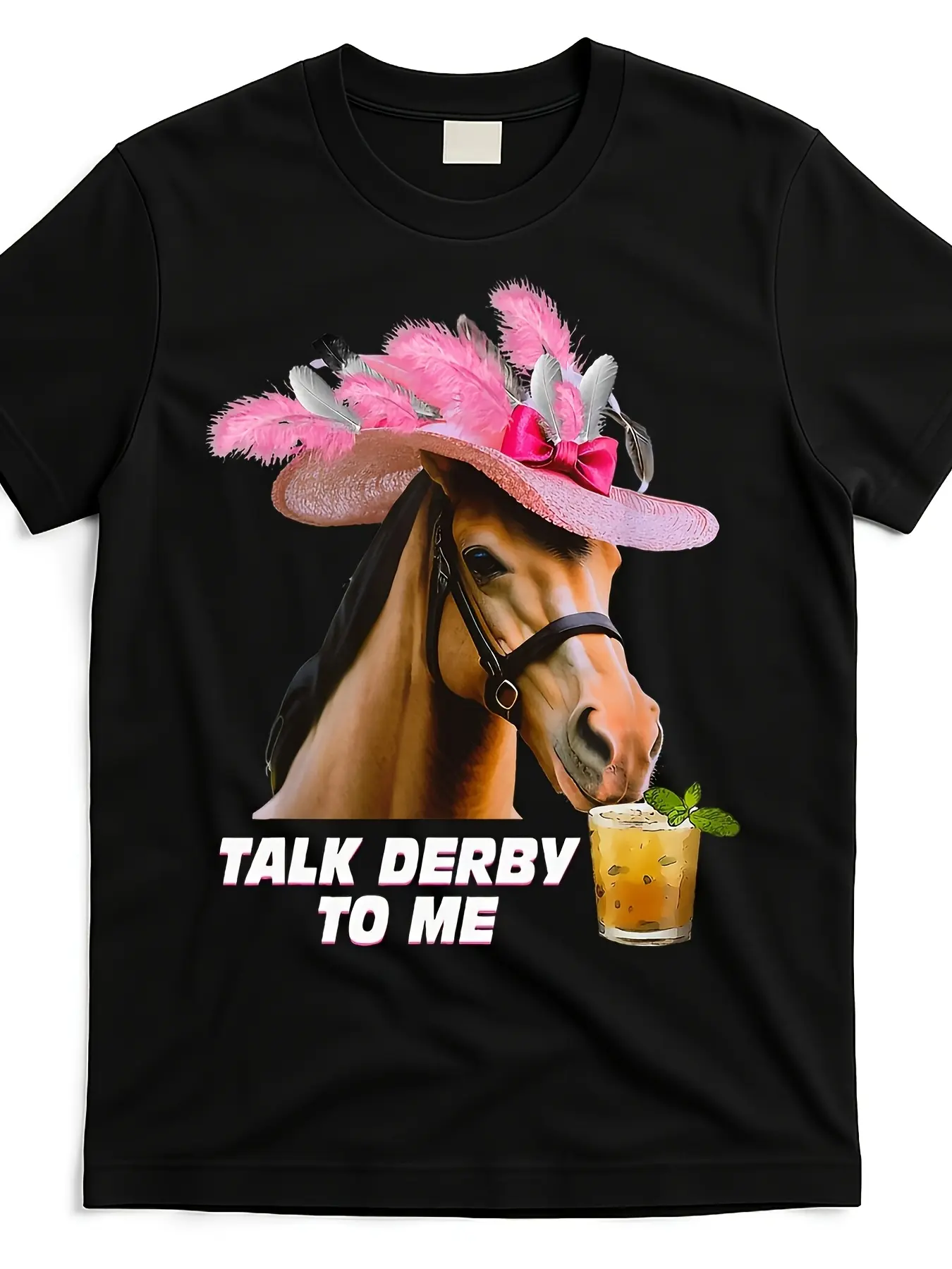 Engage in for Derby Conversations with This Humorous Horse Racing T-Shirt - Featuring a Pink Feathered Hat And Cocktail Design Made from Soft with a Round Neck Ideal for Horse Enthusiasts Perfect for Celebrating for Derby Day