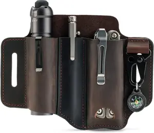 PJ29 Multitool Sheath for Belt, Leather EDC Pocket Organizer for Men, EDC Leather Sheath, Flashlight and Multitool Sheath, EDC Belt Organizer