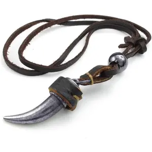Jonline24h Mens Womens Adjustable Tribal Wolf Tooth Pendant Leather Punk Rock Necklace Chain Brown Black Silver Jewellery