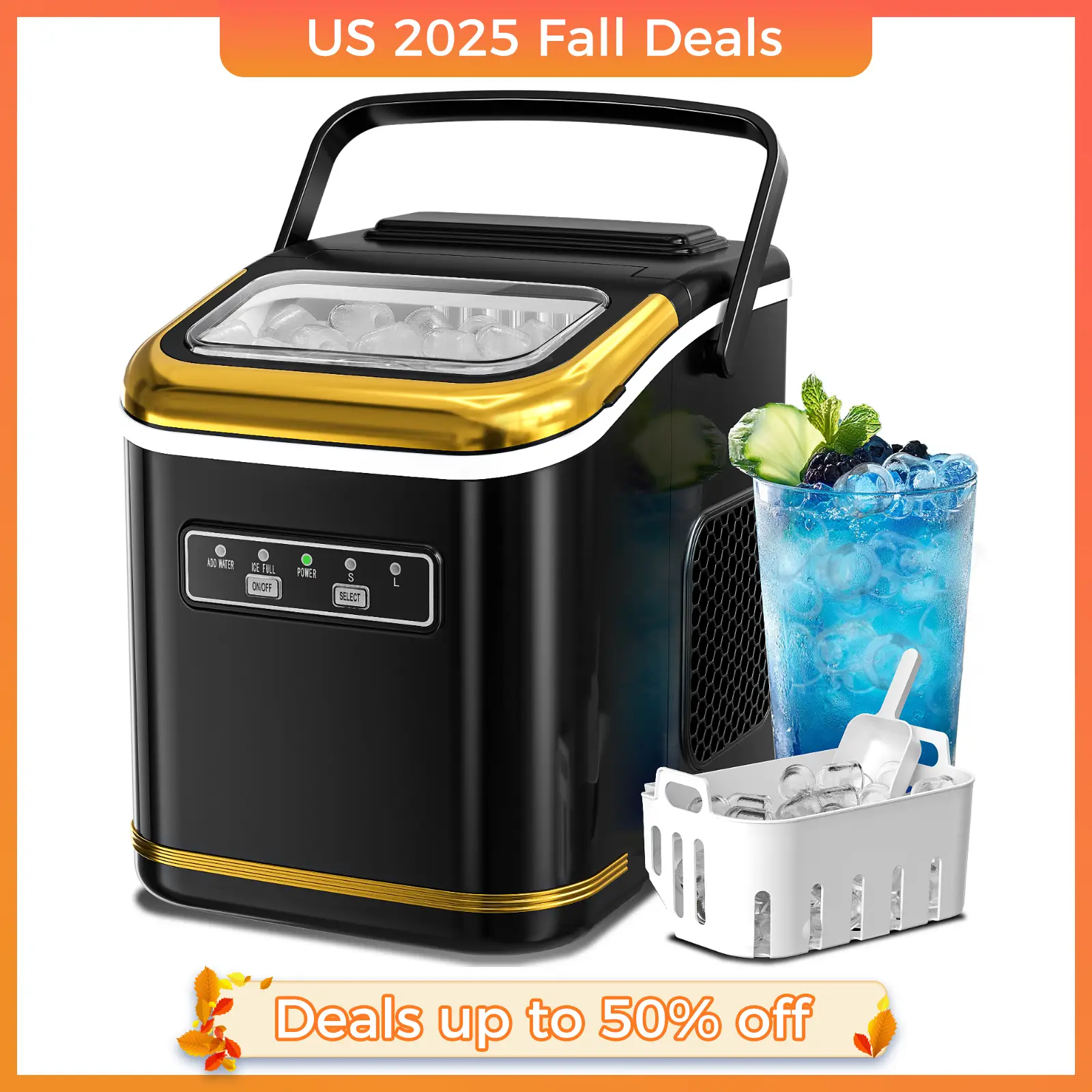 Xbeauty Countertop Ice Makers, Make 9 Pieces of Ice in 6 Mins, Adjustable Bullet Ice Size, 24H Timer Function, with Basket and Scoop, for Homes, Kitc