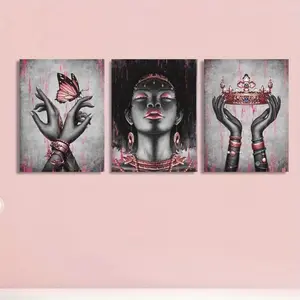 3-Piece Art Set African American Canvas Wall Art Pink and Black Female Portraits Fashion Rose Gold Black Girl Pink Bedroom Decor Framed Artwork Suitable for Home Living Room Decoration (3 x 12inch x 16inch Pieces) (Wrapped Canvas Framed Made in USA)
