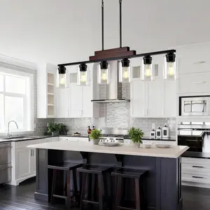 6-Light Linear Chandeliers, Farmhouse Dining Room Light Fixture Over Table, Pendant Lights Kitchen Island Lighting, Wood Ceiling Light Fixture with Clear Glass Shade(No Blubs)