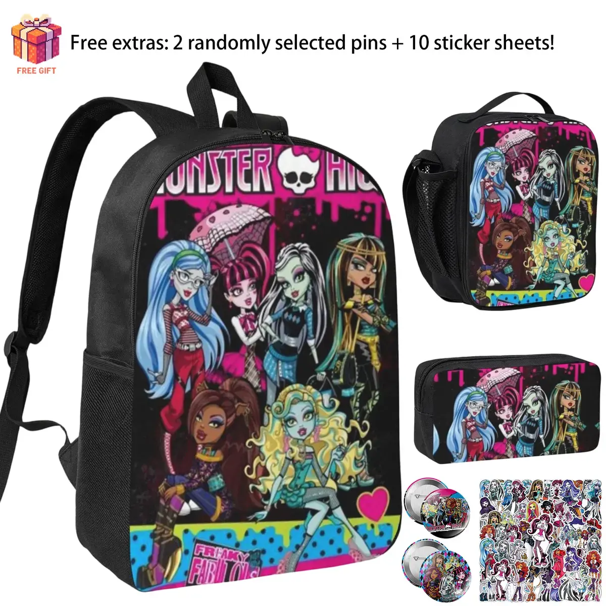 Monster High 17 in Lightweight Youth Backpack Set - 3-Piece Bundle (Backpack, Lunchbox, Pen Pouch) Draculaura & Cleo de Nile Themed Children's Bag for School Travel
