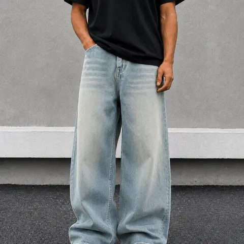 Men's Baggy Uncuffed Washed Cotton Blend H Type Jeans - 90s Retro Low Loose Oversized Relaxed Skater Style, Plain All-Seasons Unisex Streetwear Bottoms, Chic Vintage Preppy Rock Apparel for New Year, Party Vibe