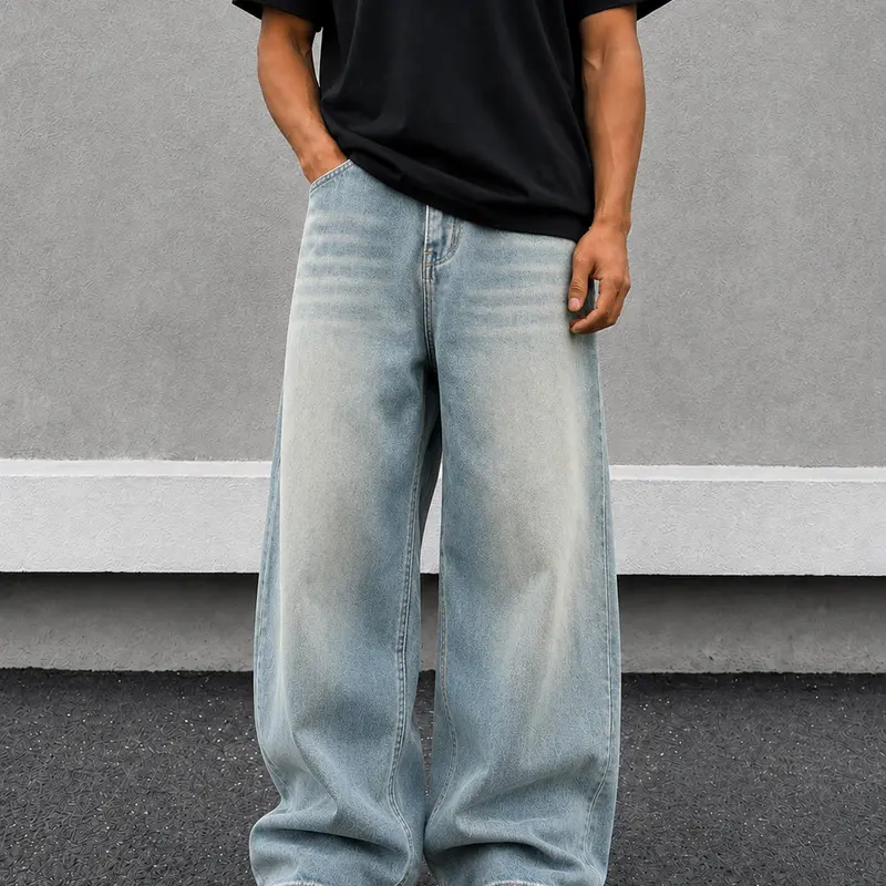 Men's Baggy Uncuffed Washed Cotton Blend H Type Jeans - 90s Retro Low Loose Oversized Relaxed Skater Style, Plain All-Seasons Unisex Streetwear Bottoms, Chic Vintage Preppy Rock Apparel for New Year, Party Vibe