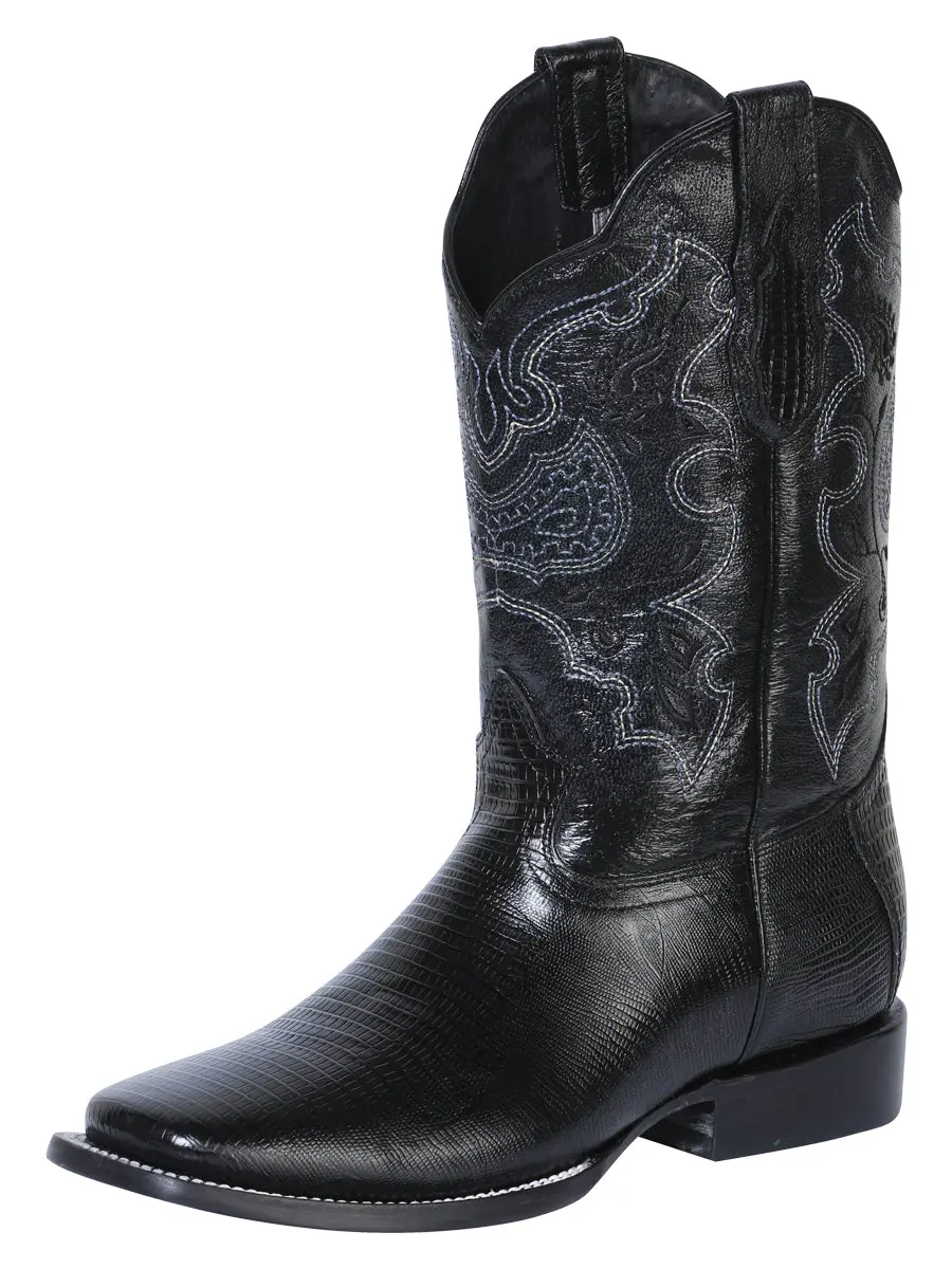 El General Men's Classic Stylish Imitation Lizard Texture Closed Cowboy Boots - Black, Decor-Enhanced, Durable Leather Sole, Style 41904, Closed Heel