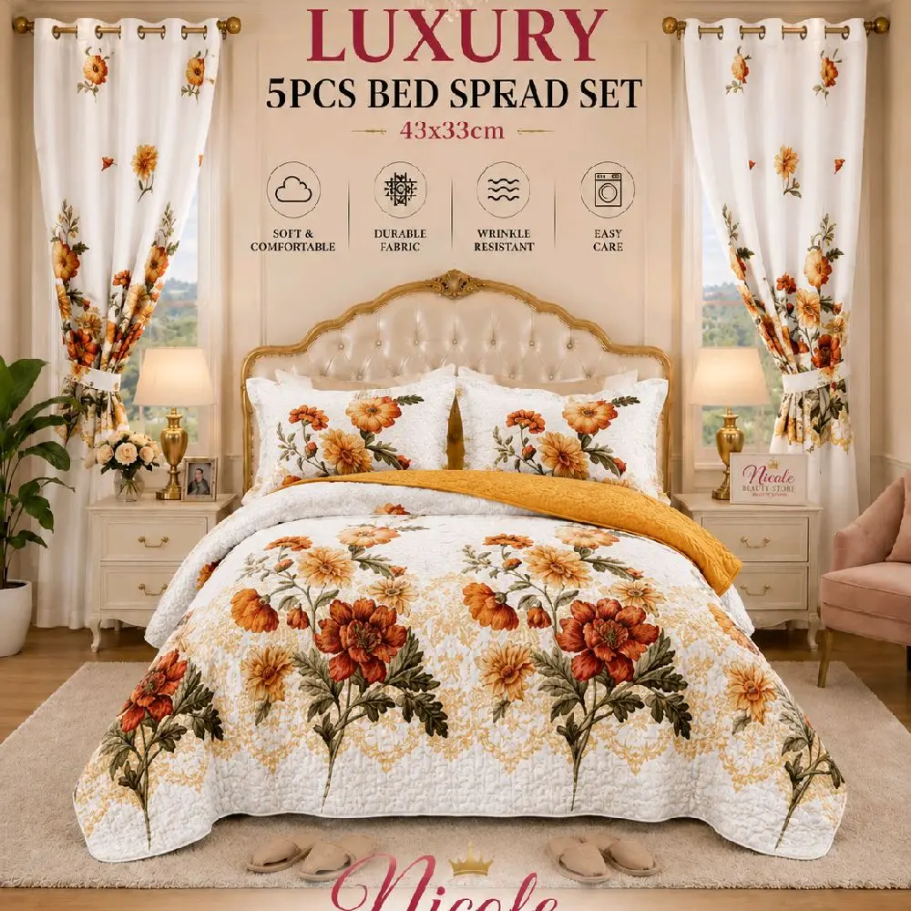 Nicole Luxury 5PCS Floral Bed Spread Set with Matching Curtains – Premium Home Collection (Cream Floral)