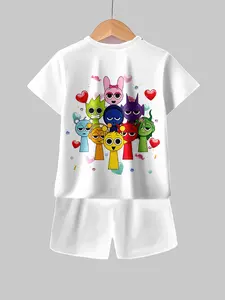 Cute Cartoon Character Print Boys' Set, Fun Theme Party, Parent-Child Playwear, Kids Amusement Park Costume
